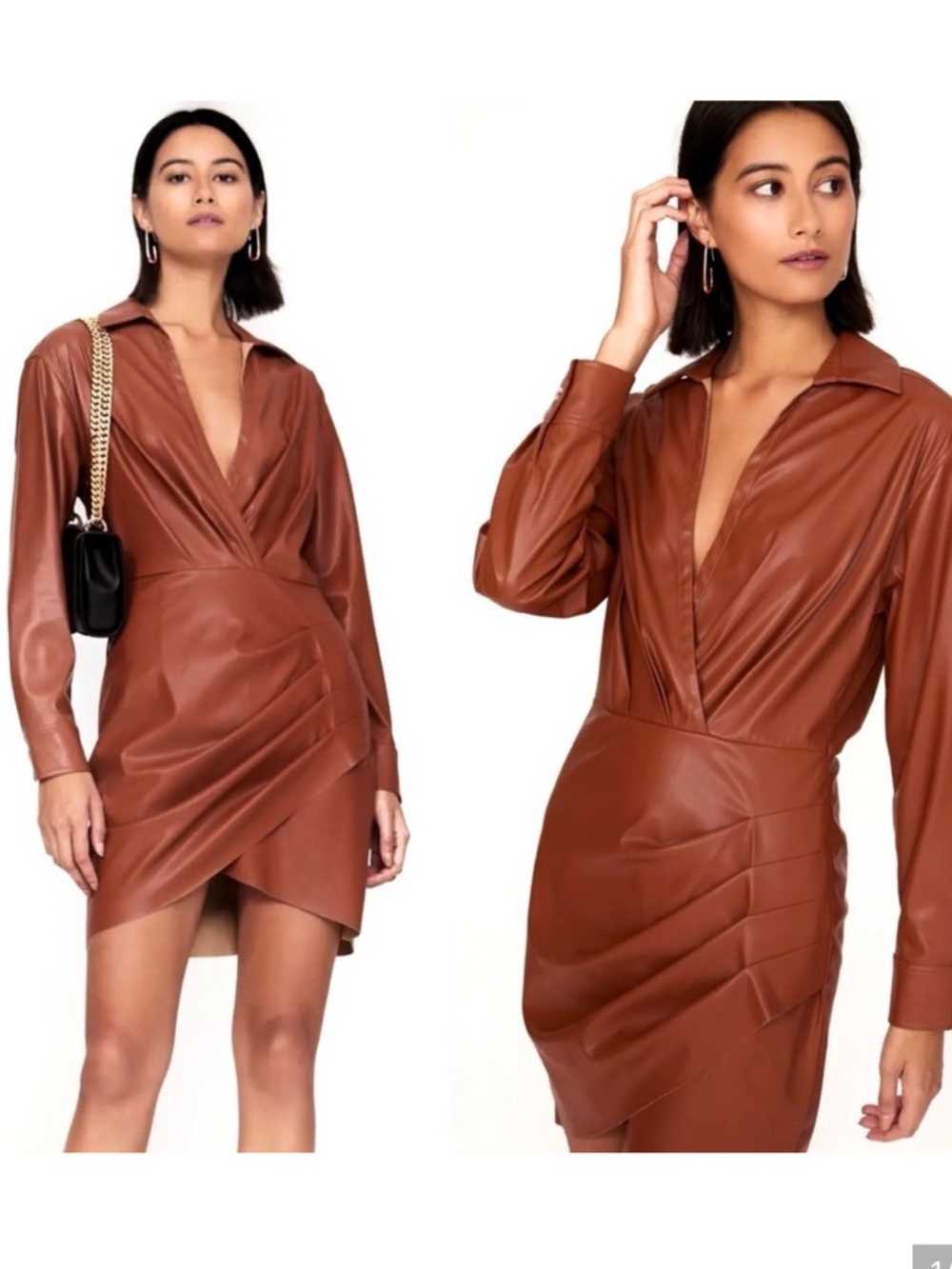 SAYLOR Cognac Vegan Leather Wrap Mini Dress